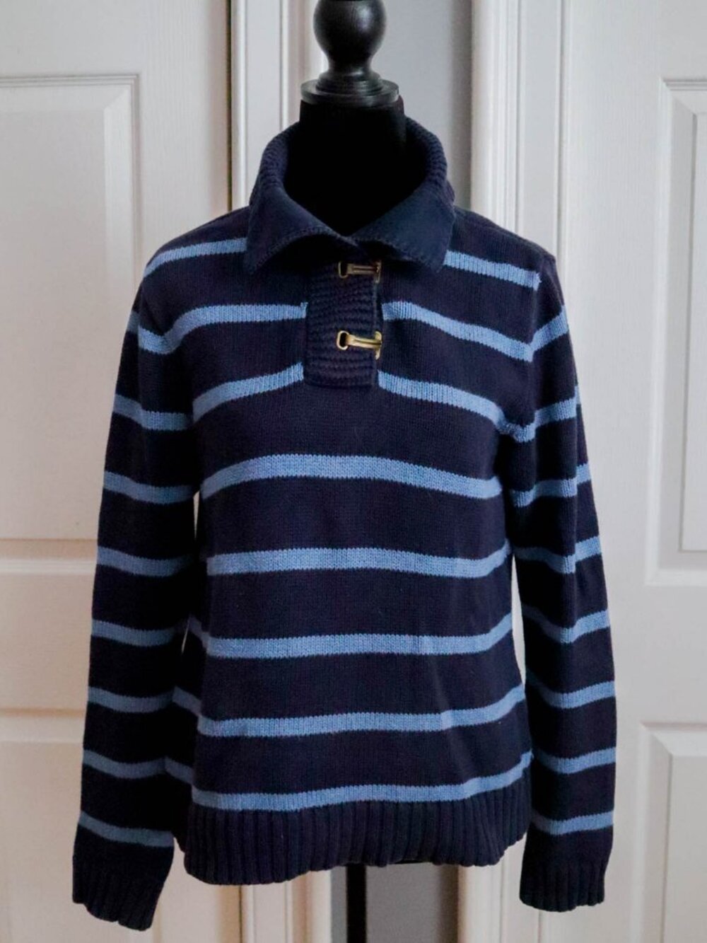 Lauren Ralph Lauren LRL Collared Pullover Sweater Striped Toggles 100% Cotton M